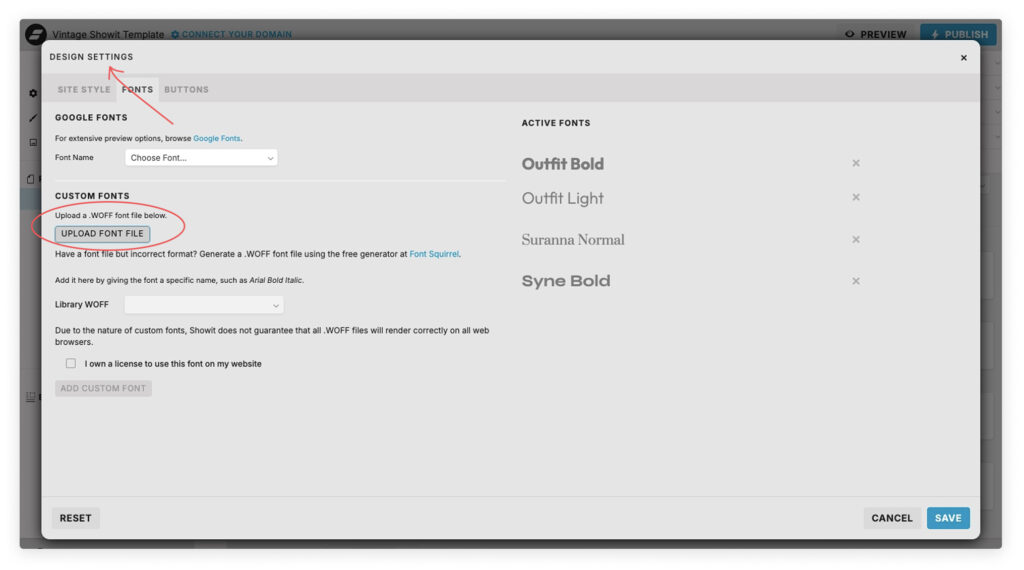 How to upload custom fonts to Showit